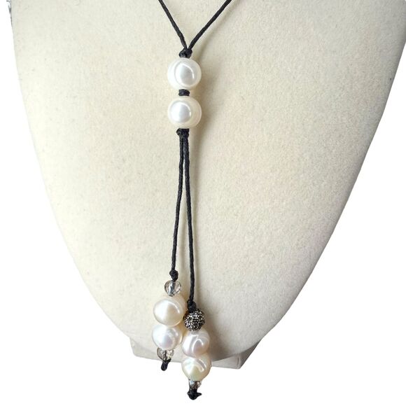 J. Jill Pearl Pavé Earrings w/ Beaded Adjustable Cord Necklace Set Y Statement - Picture 5 of 14